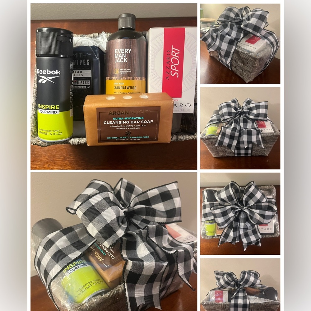 Men's 6 pc gift set basket grooming holiday weekender packaged and ribbon
